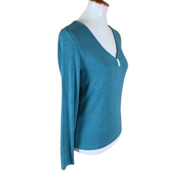Summersalt Ribbed Long Sleeve Henley Shirt Teal Blue Stretch Modal Blend Large - Picture 3 of 5